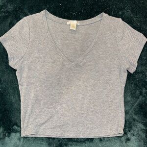 Bozzolo Gray Ribbed V-Neck Crop Top | Soft Stretch Everyday Tee